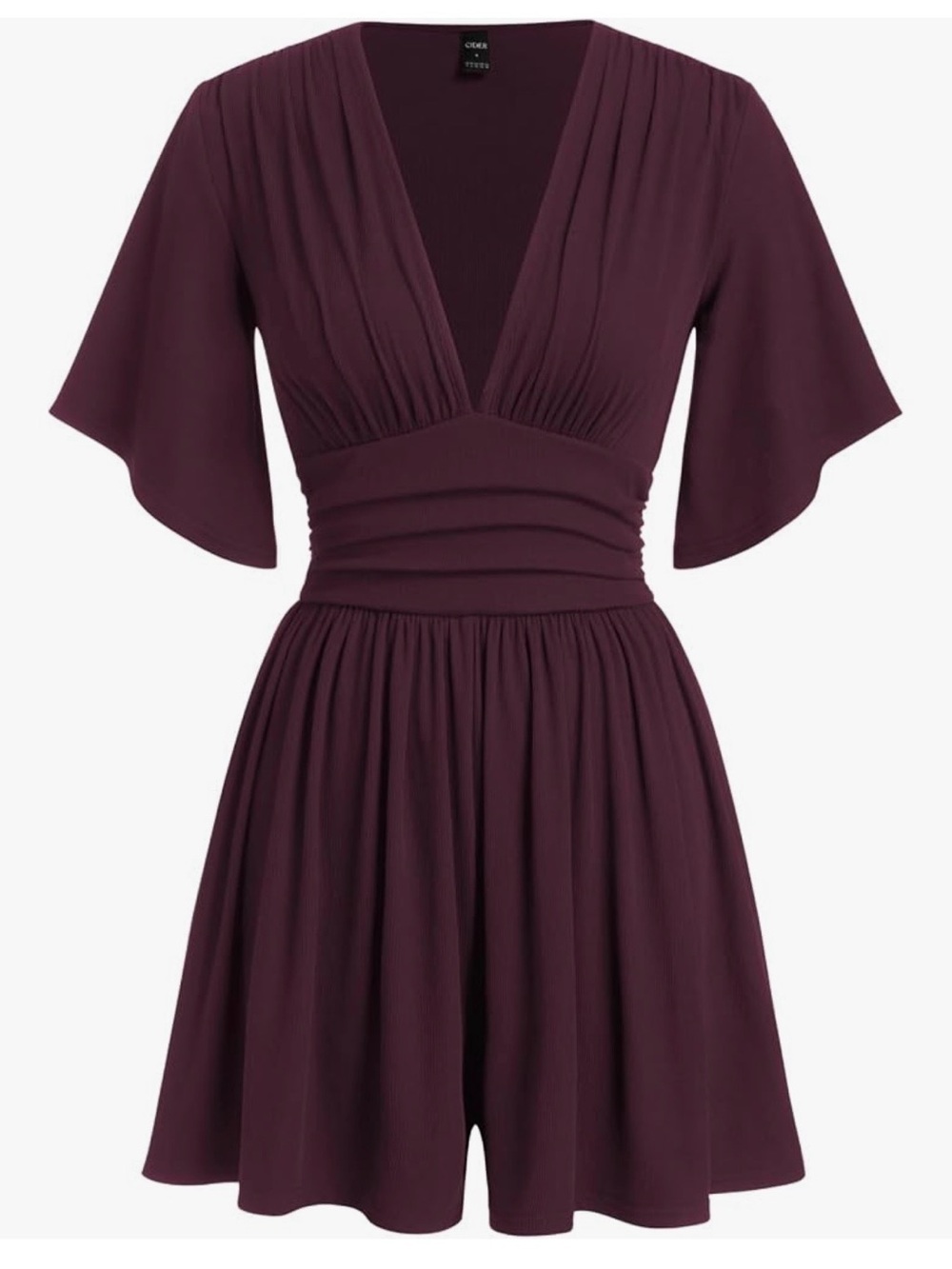 Cider Women’s Textured V-Neck Ruched Bell Sleeve Romper (Small)